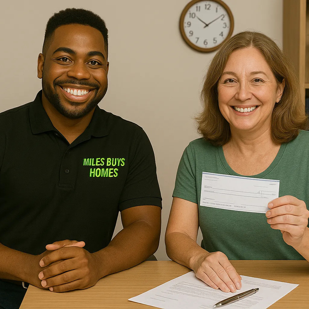 Trusted California Home Buyer Shaking Hands with Happy Seller Outside Her Home (2) Smiling California homeowner holding a check next to a real estate investor from Miles Buys Homes at the escrow office.